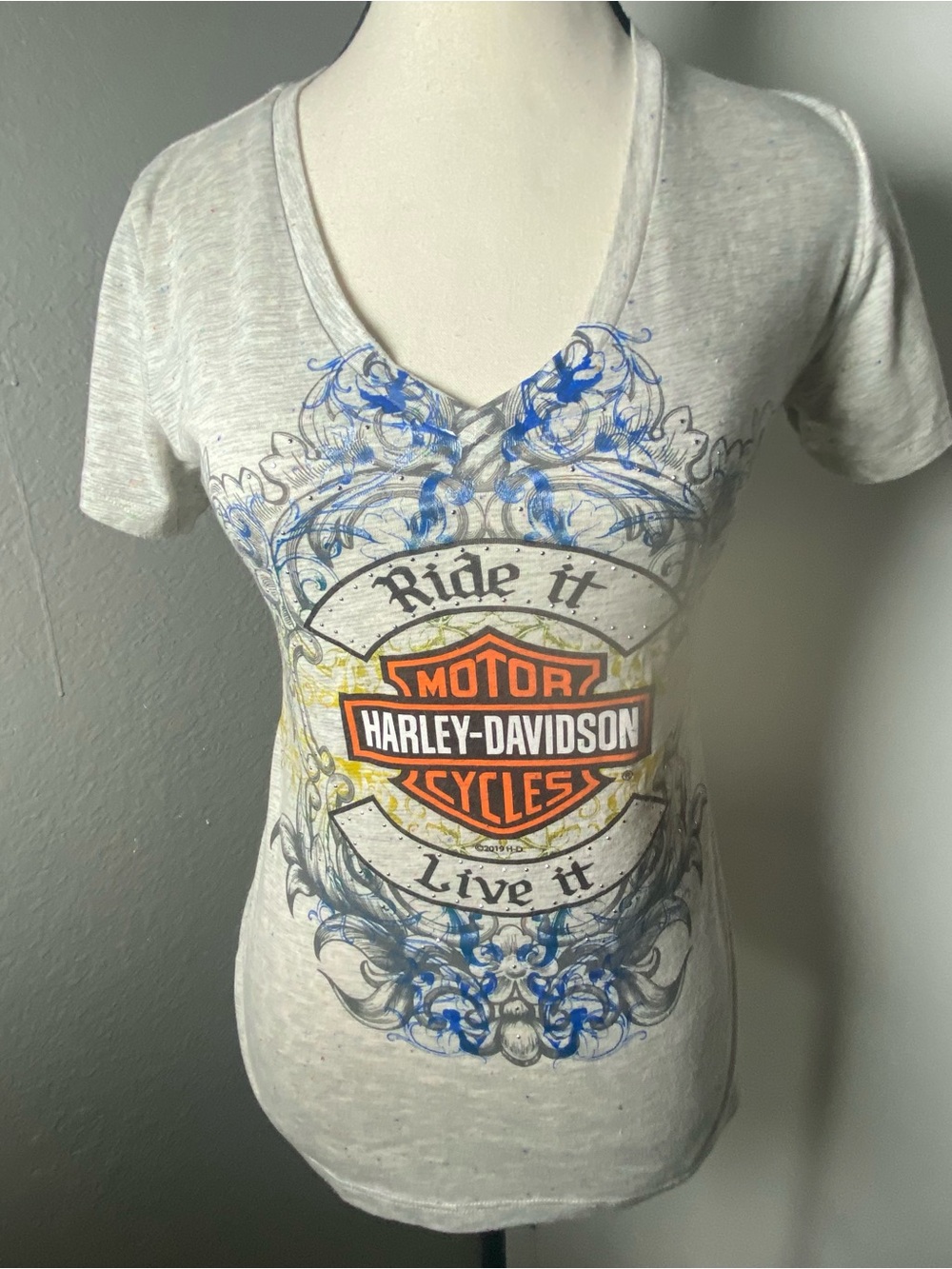 Harley Davidson Grey Multicolor Confetti Colombia Ride It Graphic T-shirt XS